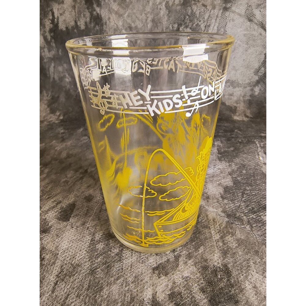 Vintage Welch's Glass Featuring Hey Kids! On Land Or Sea Design 1950s Yellow